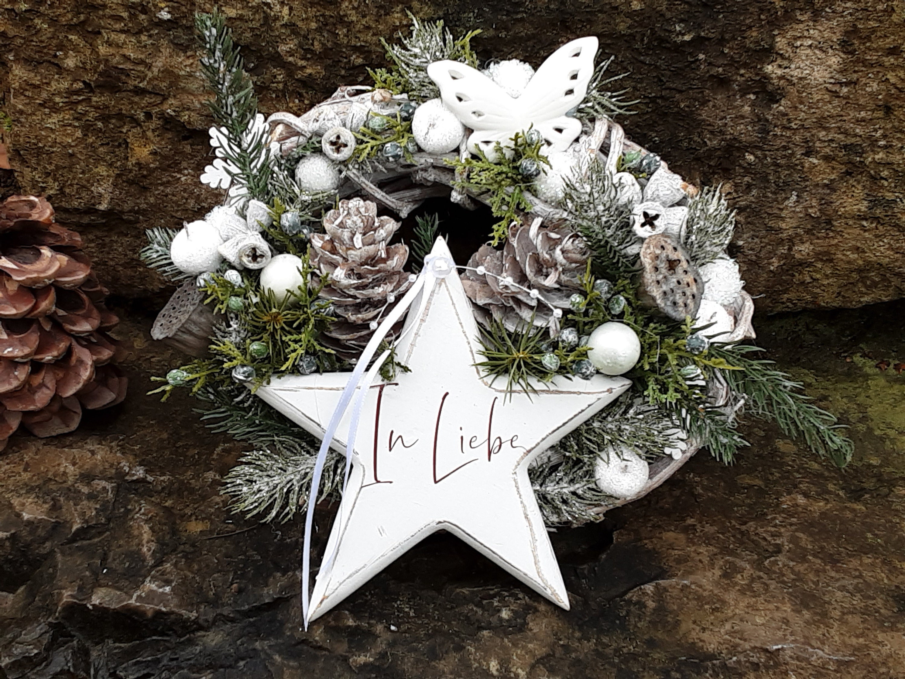 Grabgesteck Advent-Grabschmuck-Totensonntag-Grabgesteck -Adventsgesteck-Allerheiligen-Grabgesteck Kind-Trauerfloristik-Weihnachten-Stern Holz