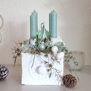 Adventskranz modern-Mint-Adventsgesteck-Weihnachtsgesteck-Deko Weihnachten-Adventsdeko-Schublade Holz-Deko Advent-Gesteck-Shabby-Tischkranz