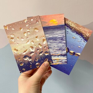 Lot de 3 cartes postales imprimées sur le thème de l'eau à partir d'aquarelles colorées, sur le thème de la mer et de l'eau.