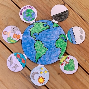Manualidad de los 7 días de la creación, lección bíblica de la escuela dominical para niños, actividad imprimible para colorear de la historia de la creación, educación cristiana en el hogar