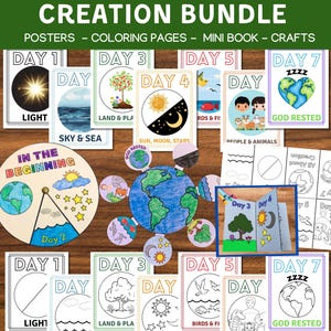 May include: A Creation Bundle featuring posters, coloring pages, mini-books, and crafts. The image displays various educational materials, including illustrations of the days of creation, with text such as "Day 1 Light" and "Day 7 God Rested". The materials are designed for educational purposes.