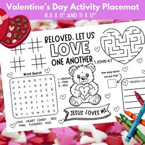 Valentijnsdag activiteit placemat, zondagsschoolles, christelijke afdrukbare kinderkleurplaat, Valentijn klas Bijbel activiteitenblad
