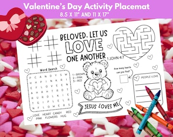 Valentine's Day Activity Placemat, Sunday School Lesson, Christian Printable Kids Coloring Page, Valentine Classroom Bible Activity Sheet
