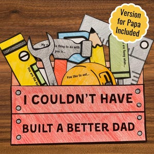 Vaderdag gereedschapskist knutselen, alles over papa vul de blanco kaart in, afdrukbare kleurtoolbox cadeau voor papa, zelfgemaakte kaart aandenken verjaardag
