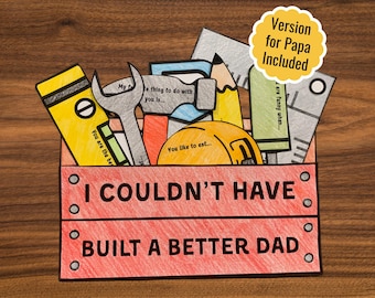 Könnte beinhalten: Eine handgefertigte Vatertagskarte mit einem roten Werkzeugkasten-Design und dem Text "I COULDN'T HAVE BUILT A BETTER DAD." Der Werkzeugkasten enthält illustrierte Werkzeuge und ein gelbes Etikett mit "Version for Papa Included."