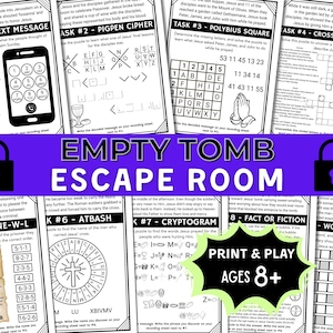 May include: A printable Empty Tomb Escape Room game for ages 8+. The game includes text message puzzles, Pigpen ciphers, Polybius squares, crossword puzzles, and more. The game is designed for print and play.
