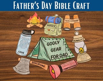 May include: A collection of colorful paper cutouts for a Father's Day Bible craft. The cutouts include a tent, backpack, lantern, and other camping-themed items, each labeled with words like "Love," "Wisdom," and "Compassion."
