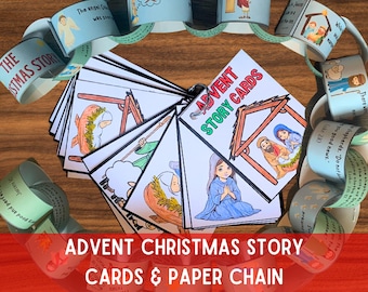 May include: A set of colorful paper chain links with illustrations and text related to the Christmas story. The links are connected to form a circle. There is also a stack of cards with illustrations and text related to the Christmas story. The cards have the title "Advent Story Cards".