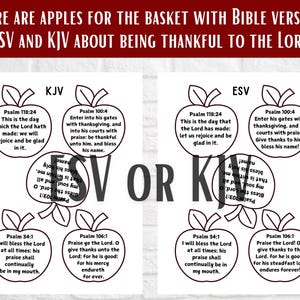 Op de afbeelding: Een printbaar werkblad met zwart-witte appelomtrekken met bijbelverzen uit de KJV- en ESV-vertalingen. De tekst bevat Psalm 118:24, 100:4, 34:1 en 106:1, gericht op dankbaarheid aan de Heer.