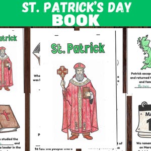 Könnte beinhalten: Ein druckbares St. Patrick's Day-Buch für Kinder. Das Buch enthält Illustrationen von St. Patrick, eine Karte von Großbritannien und eine Kalenderseite mit dem Datum 17. März. Das Buch enthält Lückentext-Sätze über das Leben von St. Patrick.