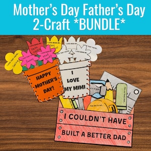 Ambachtelijke bundel Moederdag en Vaderdag, Toolbox-zakkaart en bloempot met veter, afdrukbaar cadeau voor moeder, vader, aandenken in de klas