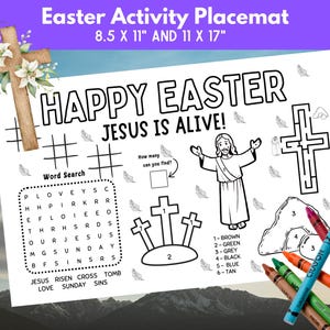 Easter Bible Activity Placemat, Sunday School Coloring Pages for Kids, Holy Week Craft, Palm Sunday, Christian Religious Easter Printable