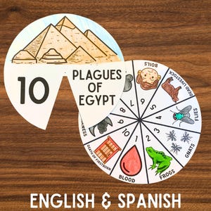 May include: A circular educational game with the text "10 Plagues of Egypt" and illustrations of the plagues. The game includes a wheel with numbered sections and drawings of frogs, flies, and other plagues. The text "ENGLISH & SPANISH" is at the bottom.