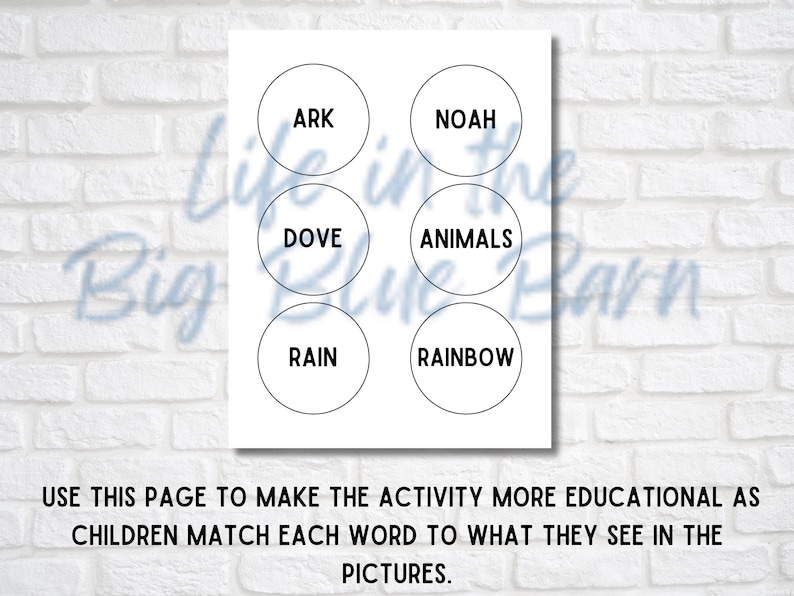 K&ouml;nnte beinhalten: Ein druckbares Arbeitsblatt mit sechs Kreisen, die die W&ouml;rter "ARK", "NOAH", "DOVE", "ANIMALS", "RAIN" und "RAINBOW" enthalten. Der Text "USE THIS PAGE TO MAKE THE ACTIVITY MORE EDUCATIONAL AS CHILDREN MATCH EACH WORD TO WHAT THEY SEE IN THE PICTURES." befindet sich am unteren Rand der Seite.