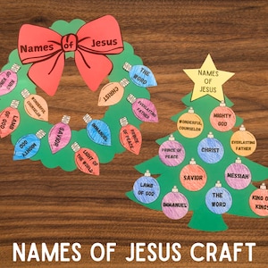 Weihnachtsbibelhandwerk, Namen von Jesus Sonntagsschulhandwerk, Adventsaktivität, religiöse Bibel zum Ausdrucken für Kinder, Baumkranzlichtverzierungen