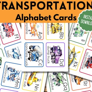 Alphabet Flashcards Transportation, Construction ABC Cards, Printable Preschool Flash Cards, Toddler Learning Colors, Homeschool, Montessori