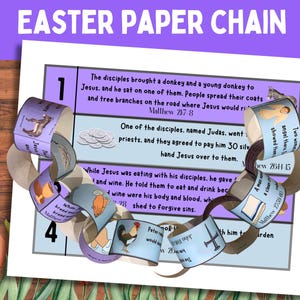May include: A printable Easter paper chain with four sections, each with a different illustration and Bible verse. The verses are from Matthew 27:8, Matthew 26:14-15, Matthew 27:59, and Matthew 26:26-28. The illustrations include a donkey, a bag of silver coins, a rooster, and a chalice.