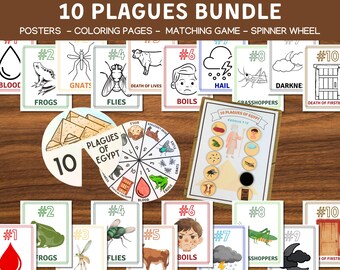 10 Plagues of Egypt Activities BUNDLE, Sunday School Exodus Bible Lesson Craft, Passover Spinner Wheel Matching Game Posters Coloring Pages