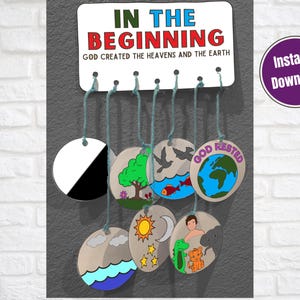 7 Days of Creation Craft, Sunday School Activity for Kids, Printable Kids Bible Coloring Craft, Christian Preschool, Genesis 1, Homeschool