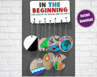 7 Days of Creation Craft, Sunday School Activity for Kids, Printable Kids Bible Coloring Craft, Christian Preschool, Genesis 1, Homeschool