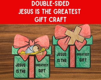 Pode incluir: Atividade artesanal de dupla face para crianças. O artesanato verde apresenta um laço vermelho e um bebê Jesus em um presépio. O texto no artesanato diz "Jesus é o maior presente".