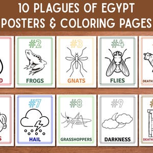 May include: A collection of ten posters and colouring pages titled "10 Plagues of Egypt." Each card displays a number and a black and white illustration representing a plague, including blood, frogs, gnats, and boils. The text is in a bold font.