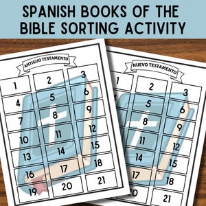 May include: Two white printed sheets with the text "SPANISH BOOKS OF THE BIBLE SORTING ACTIVITY". Each sheet has a grid with numbers and the words "ANTIGUO TESTAMENTO" and "NUEVO TESTAMENTO". The background is a wooden surface.