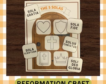 May include: A printed sheet featuring a wooden door illustration and the text THE 5 SOLAS. It includes square cards with icons of a heart, shield, cross, Bible, and crown, labeled with the phrases Sola Gratia, Sola Fide, Solus Christus, Sola Scriptura, and Soli Deo Gloria.