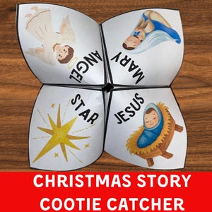 May include: A white paper cootie catcher with illustrations of the Christmas story. The illustrations include an angel, Mary, Jesus, and a star. The text on the cootie catcher reads "ANGEL", "MARY", "JESUS", and "STAR". The bottom of the image has the text "CHRISTMAS STORY COOTIE CATCHER".