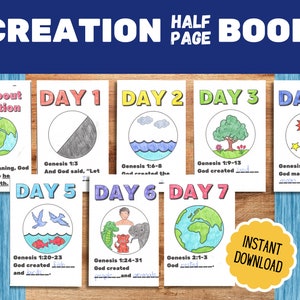 Bible Coloring Pages, Days of Creation, Kids Bible Coloring Book, Genesis Christian Preschool Craft, Sunday School Kids Bible Study Lesson