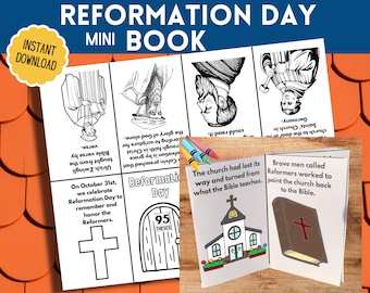 May include: A black and white printable mini book about Reformation Day. The book includes illustrations of Martin Luther, a church, and a Bible. The text includes the date of Reformation Day, October 31st, and the 95 Theses.