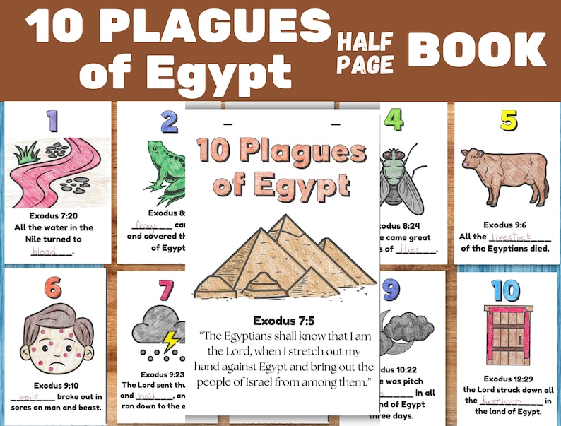 Pu&ograve; includere: Un colorato libro educativo a mezza pagina intitolato "10 Piaghe d'Egitto". Le illustrazioni raffigurano ogni piaga, tra cui sangue nel Nilo, rane, mosche, morte del bestiame, bolle, grandine, oscurit&agrave; e la morte dei primogeniti. Il libro include versetti biblici pertinenti.