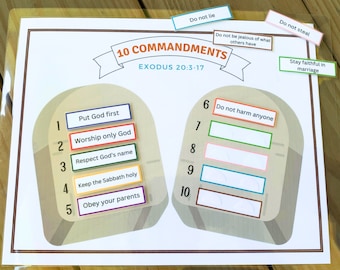 10 Commandments Christian Preschool Activity, Sunday School Kids Bible Study Puzzle, Printable Bible Matching Game, Printable Bible Activity