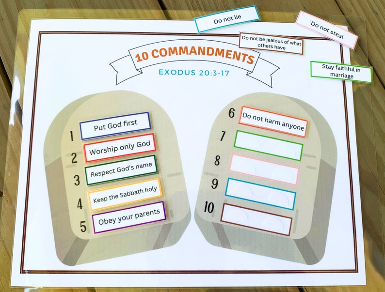 Puede incluir: Un gr&aacute;fico educativo laminado que presenta los Diez Mandamientos de &Eacute;xodo 20:3-17. El gr&aacute;fico muestra dos tablas de piedra con ranuras numeradas y los mandamientos correspondientes escritos en etiquetas coloridas. Se colocan etiquetas adicionales con mandamientos encima.
