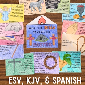 May include: Colorful, illustrated cards with Bible verses about Easter. The cards feature drawings of an angel, a donkey, a tomb, a cross, and a rooster. The text "What the Bible Says About Easter" is also present.