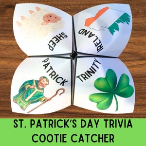 May include: A white paper cootie catcher with illustrations and text related to St. Patrick's Day. The cootie catcher features a sheep, the Irish flag, a shamrock, and St. Patrick. The text at the bottom reads "ST. PATRICK'S DAY TRIVIA COOTIE CATCHER."