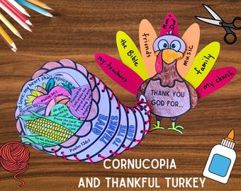 Thanksgiving Craft BUNDLE, Fall Sunday School Activity, Christian Thankful Turkey Craft, Cornucopia Give Thanks to God Bible Gratitude Craft