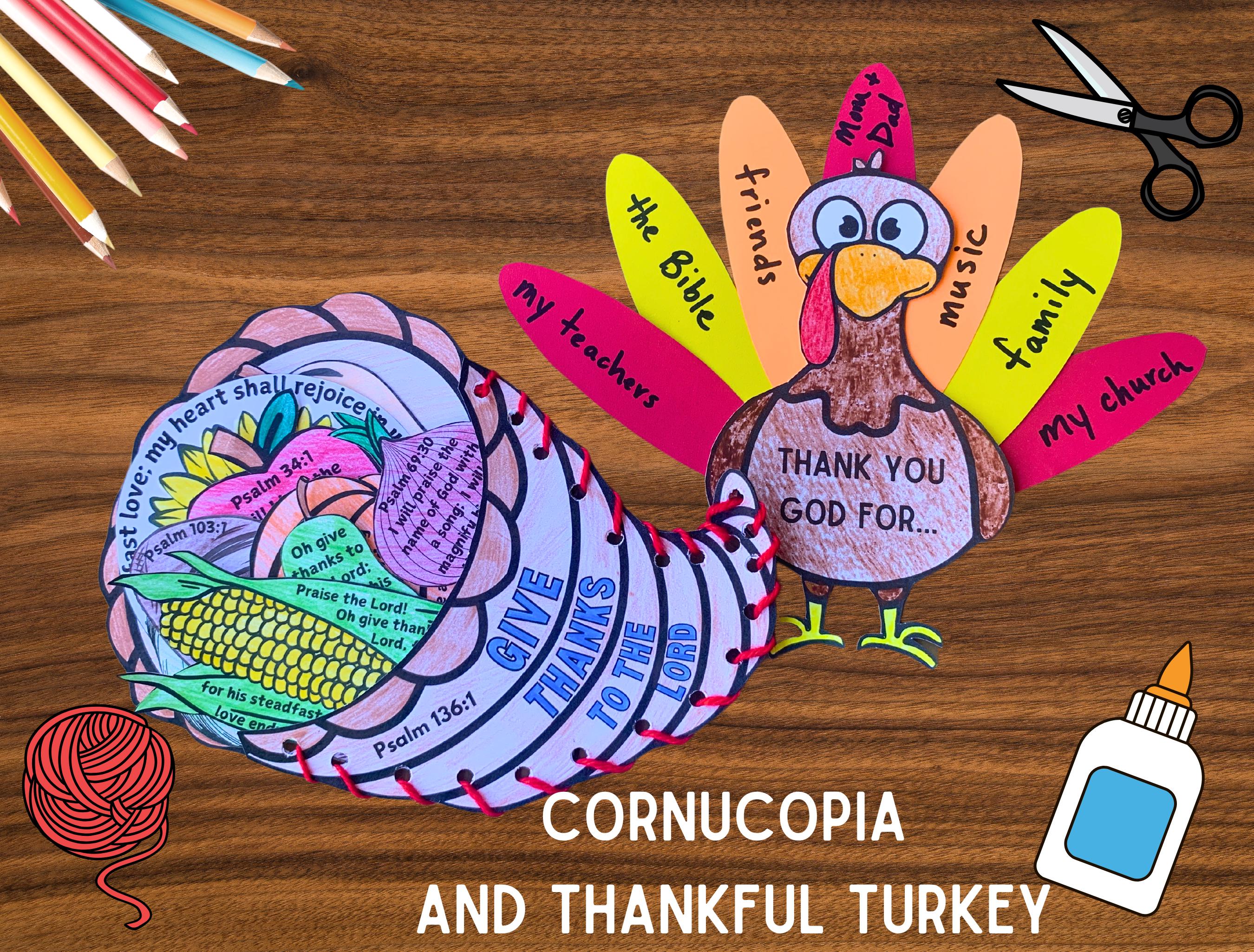 感謝祭のクラフトバンドル、秋の日曜学校のアクティビティ、キリスト教の感謝の七面鳥のクラフト、神に感謝する聖書の感謝のクラフトの豊穣の角 - Etsy  日本, image size:2700x2050