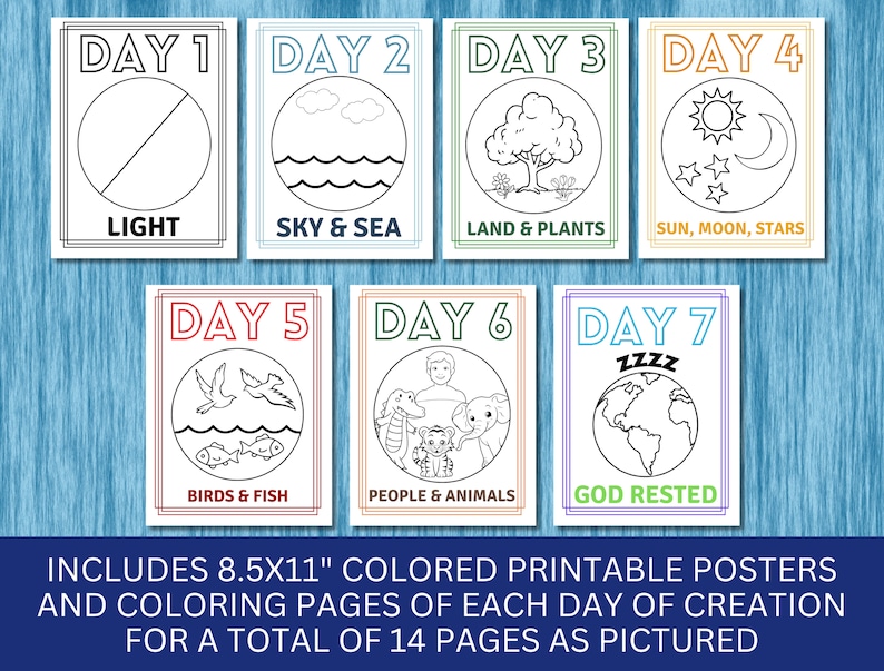 May include: Black and white printable coloring pages for each day of creation. The pages feature illustrations of light, sky and sea, land and plants, sun, moon, and stars, birds and fish, people and animals, and God rested.  The pages are 8.5 inches by 11 inches.