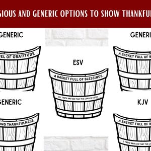 Op de afbeelding: Een grafische weergave met de titel RELIGIOUS AND GENERIC OPTIONS TO SHOW THANKFULNESS met vijf zwart-wit lijntekeningen van houten manden. Elke mand bevat tekst, waaronder A BUSHEL OF GRATITUDE, A BASKET FULL OF BLESSINGS, HARVESTING THANKFULNESS en O TASTE AND SEE THAT THE LORD IS GOOD.