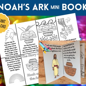 Noah&#39;s Ark Mini Book Craft, Sunday School Lesson for Kids, Printable Church Craft, Christian Preschool Bible Coloring Pages, Homeschool