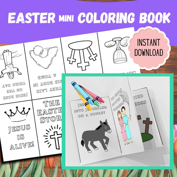 Easter Story Mini Book, He is Risen Craft, Easter Sunday Craft, Bible Coloring Printable, Holy Week Activity for Kid, Religious Easter Craft