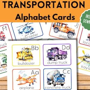 Construction ABC Flashcards, A-Z Transportation Cards, Printable Preschool Flash Cards, Toddler Learning Colors, Homeschool, Montessori PreK