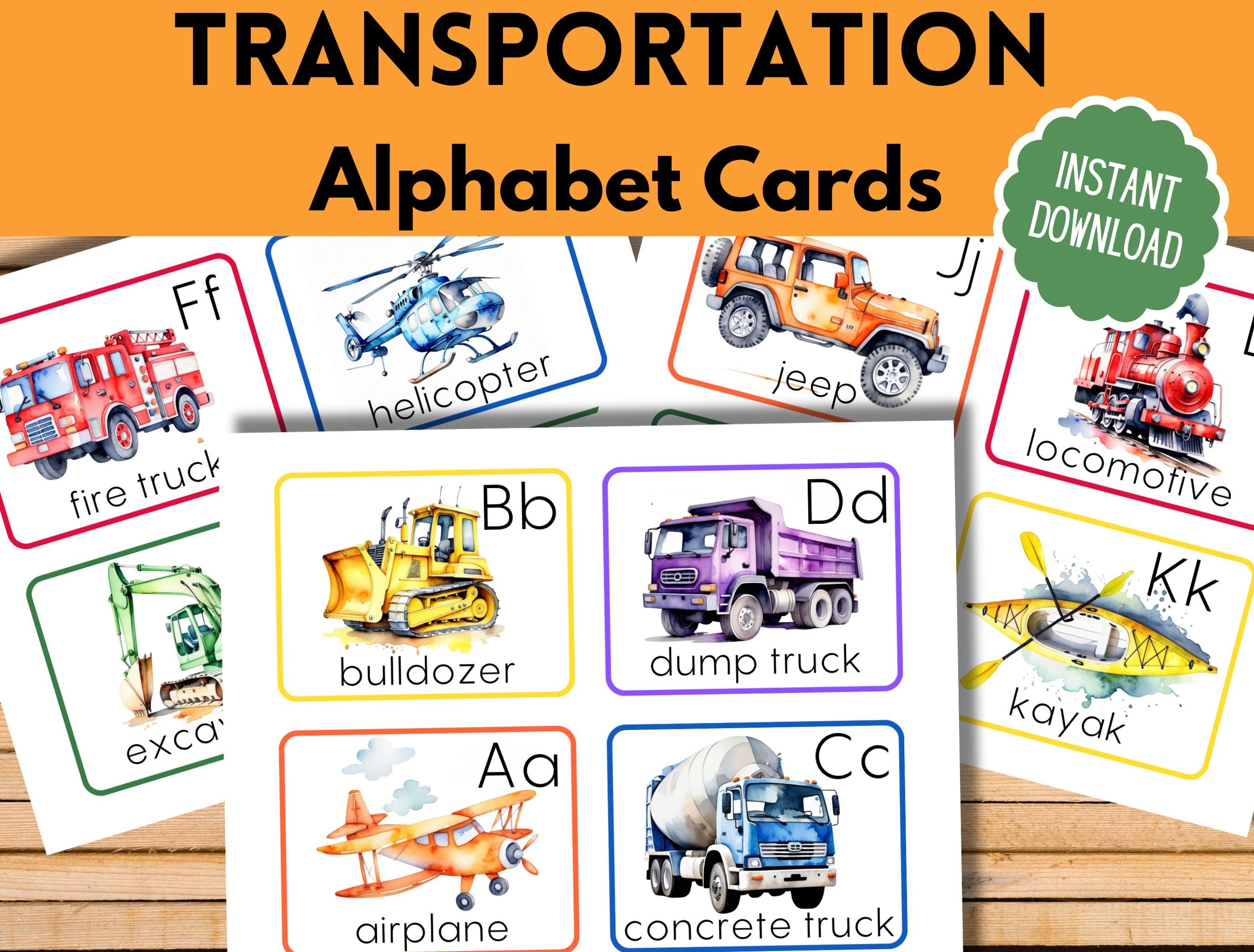 Construction ABC Flashcards, A-Z Transportation Cards, Printable