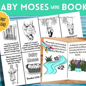 Narodziny Mojżesza Mini Book Bible Craft, Lekcja szkoły niedzielnej dla dzieci, Baby Moses in a Basket Printable, Kolorowanki Biblijne dla dzieci, Edukacja domowa