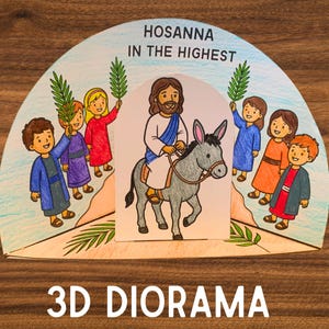 Könnte beinhalten: Ein 3D-Diorama, das eine religiöse Szene mit Jesus auf einem Esel zeigt, umgeben von Kindern, die Palmzweige halten. Das Diorama trägt den Text "Hosanna in the Highest" und "3D DIORAMA" in Weiß.