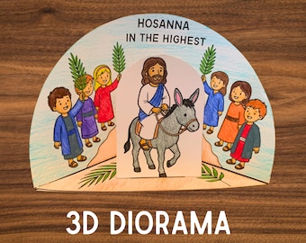 May include: A 3D diorama depicting a religious scene with Jesus riding a donkey, surrounded by children holding palm branches. The diorama has the text "Hosanna in the Highest" and "3D DIORAMA" in white.