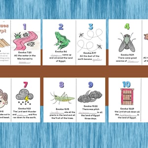 Pu&ograve; includere: Un poster educativo colorato che illustra le dieci piaghe d'Egitto, ognuna rappresentata da un disegno e un versetto biblico. Le immagini includono un fiume che si trasforma in sangue, rane, mosche e bestiame.