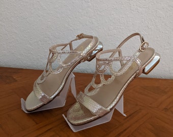 Ladies Sandal , Low Block Heel, Genuine Calf Leather,Made in Italy  Champagne Color.