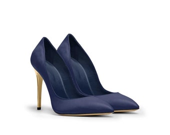 Ladies Full Cut, High heel Pumps ,Genuine Calf Leather, Suede leather/Navy Blue Color, Made in Italy.